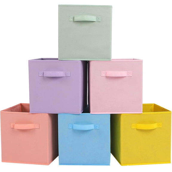 Kisportee 11" Collapsible Cube Fabric Storage Bins, 6 Pack Foldable Collapsible Cube Organization with Handle for Shelves and Cubby Organizers, Multicolor