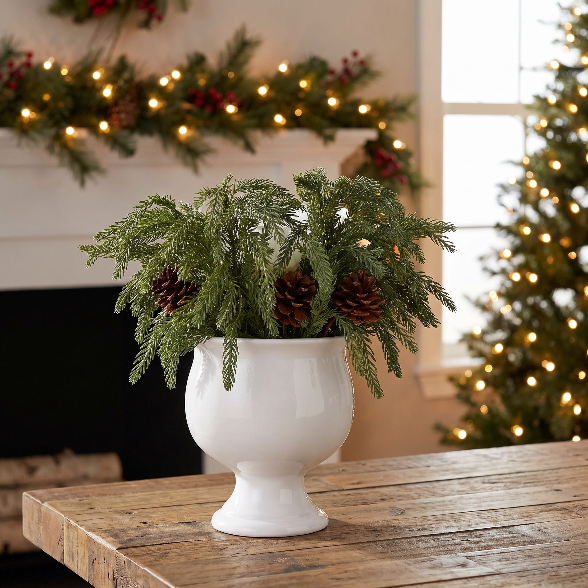 My Texas House Evergreen, Pinecone, and Magnolia Christmas Arrangement in Pot, Green and White, 15"