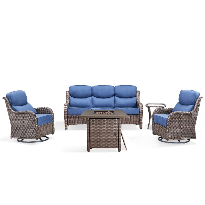 PARKWELL 5 Pieces Outdoor Patio High Back Furniture Set with Fire Pit Table Luxury 6 Thick Conversation Set with Swivel Glider Chairs Wicker Seating Set for Deck Backyard Brown/Navy