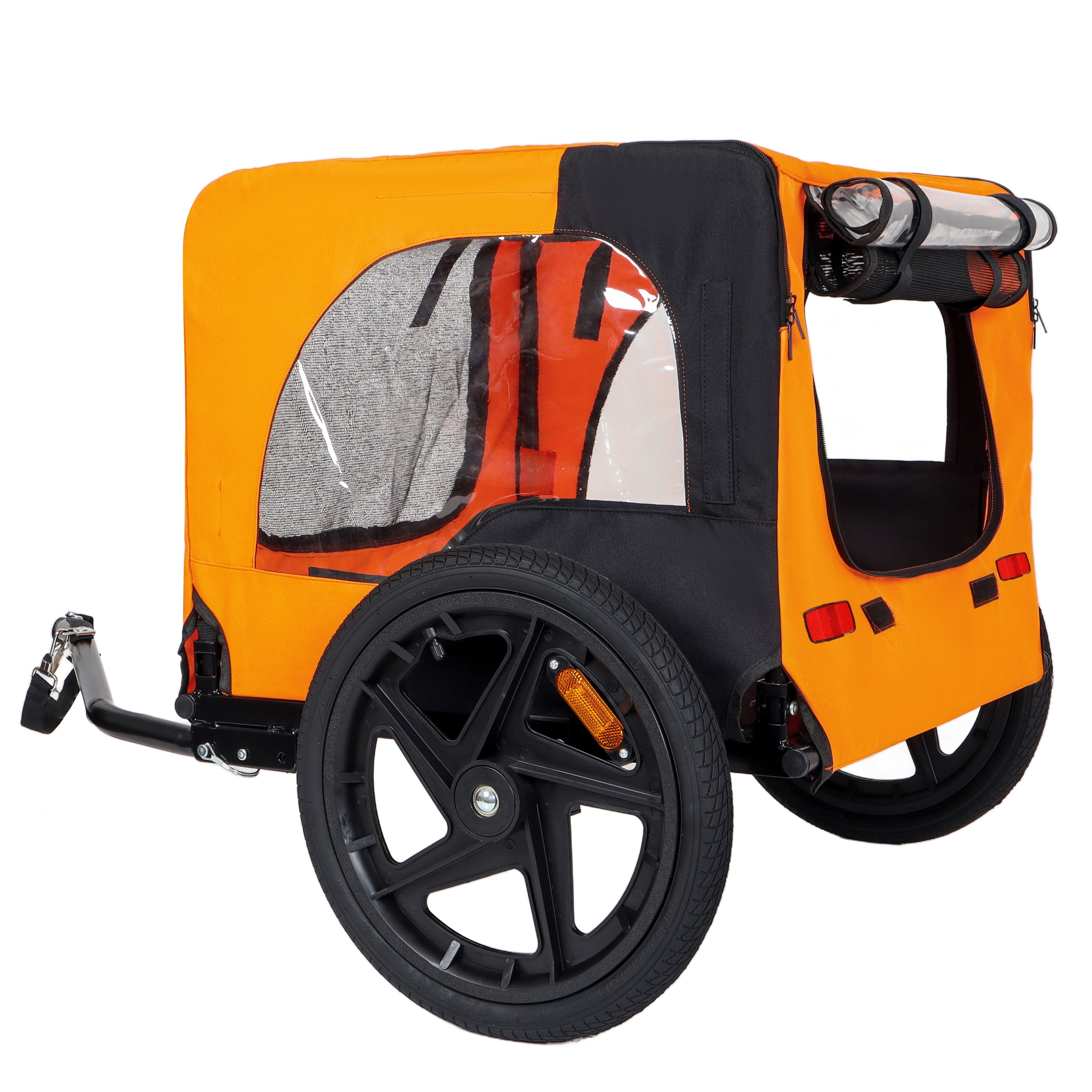 Collapsible Pet Bike Trailer, 16in All-Terrain Wheel Foldable Dog Carrier Cart with Universal Hitch, Reflective Safety Design Waterproof Mesh for Outdoor Cycling, Black & Orange