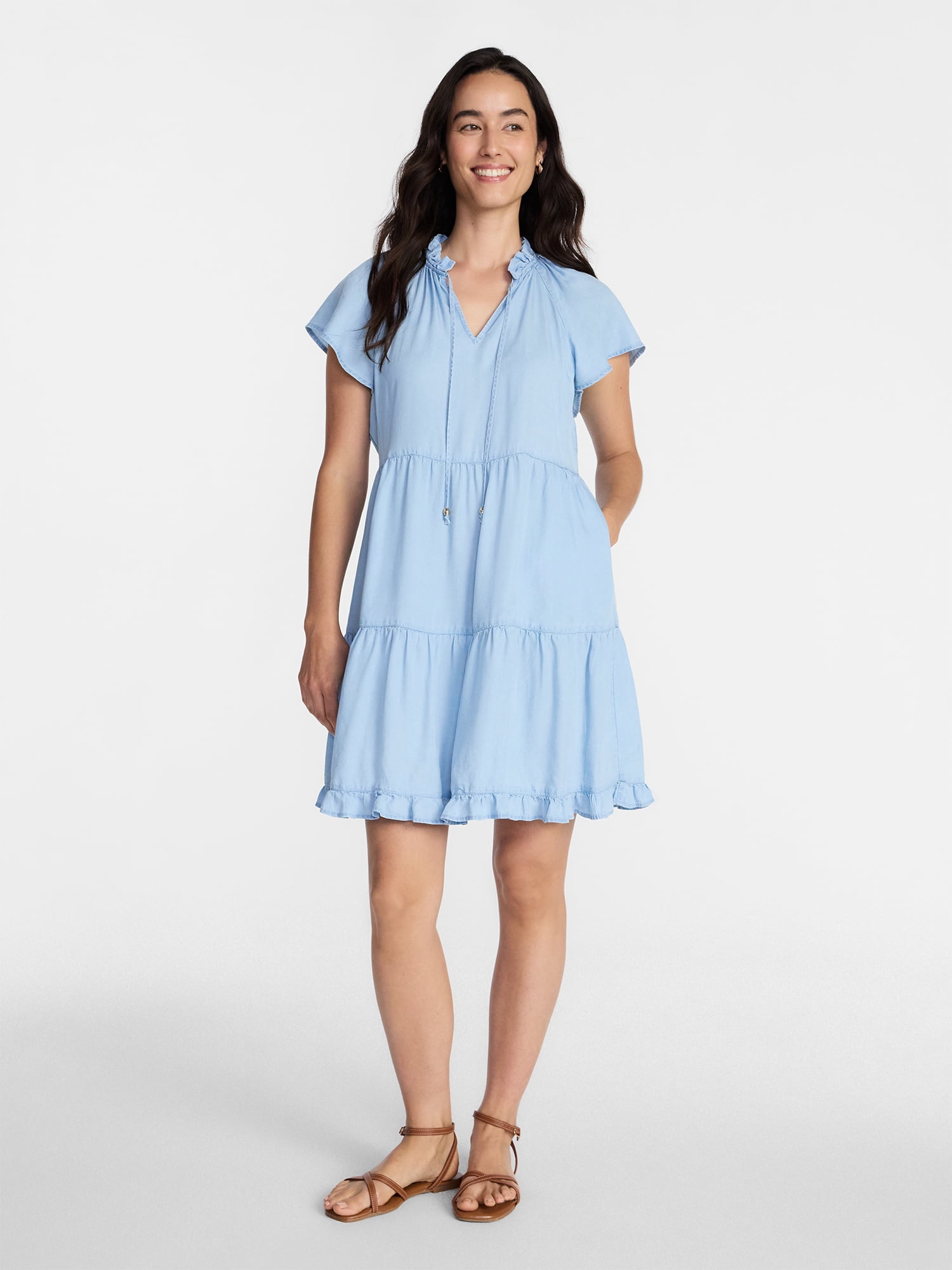 Time and Tru Women's Tiered Mini Dress with Flutter Sleeves, Sizes XS-XXXL