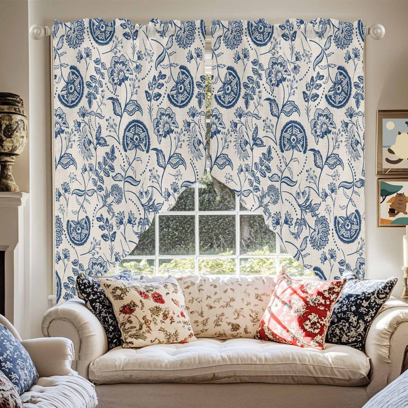Farmhouse Navy Blue Floral Swag Valances for Windows 2 Pack Linen Boho Paisley Flower Rustic Swag Kitchen Curtains 63 Inches Long Rod Pocket Short Window Treatment for Kitchen Bathroom 36"x63"