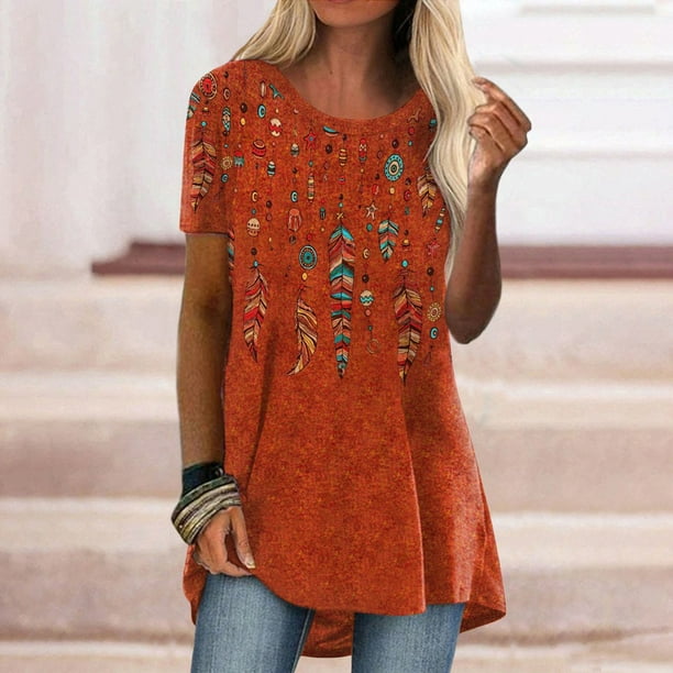 RXIRUCGD Going Out Tops for Women Women's Fashion Casual Round-Neck Ethnic  Vintage Print Short Sleeve T-Shirt Top Womens Shirts Orange