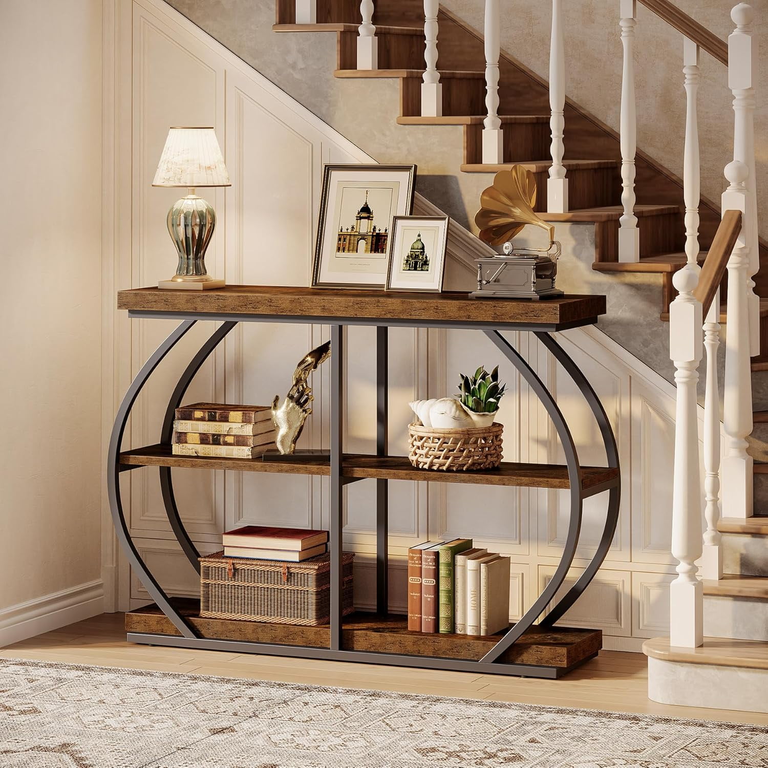 Tribesigns 41.3" Industrial Console Table: 3-Tier, Arched Metal Frame, Entryway Table with Storage Shelves, Rustic Brown & Black