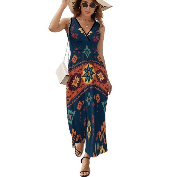 Vestido Largo Sin Mangas Para Mujer, Bohemian Pattern Traje Informal Para Cumpleaños, Verano