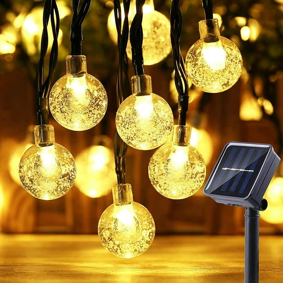 Cadena de luces solares para exteriores, 12 m, 100 LED impermeables, 8 patrones para jardín, patio y fiesta (blanco cálido)