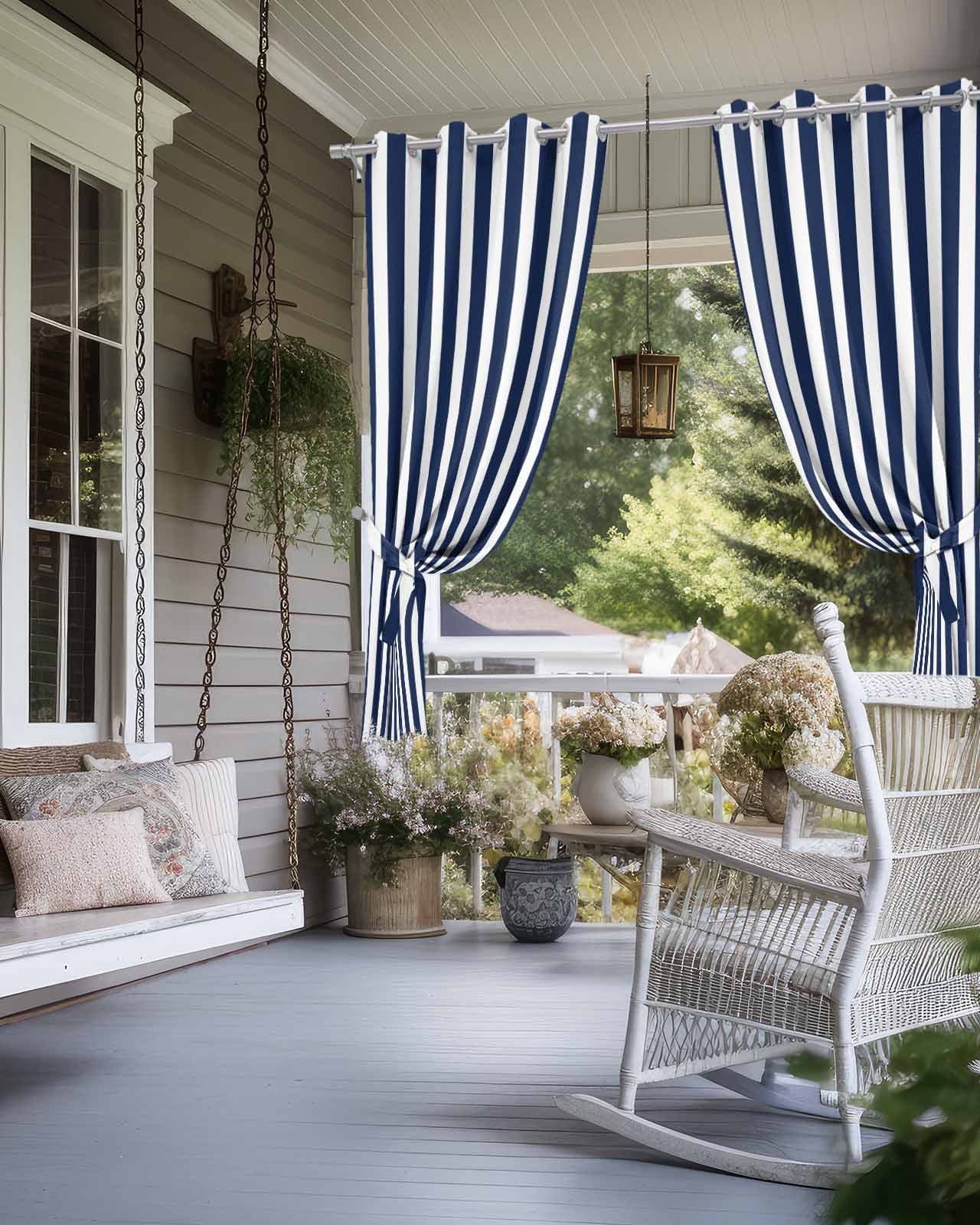 nqOlkjepod Outdoor Curtains for Patio Waterproof, Navy Blue Striped Outdoor Privacy Panels Grommet, Modern Farmhouse Blue White Stripes Blackout Outside Curtains for Porch/Cabana 54"x108", 1 Panel