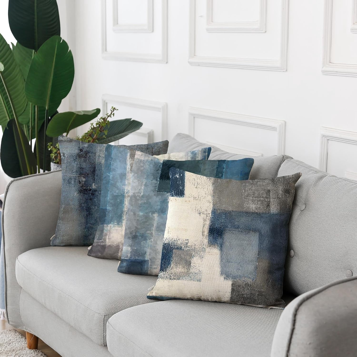 Set of 4 Throw Pillow Covers 20x20 Inch Blue and Grey White Artwork Contemporary Decorative Gray Cushion Cases for Sofa Bedroom Car Decor Add an Elegant Touch with Modern Artistic Design