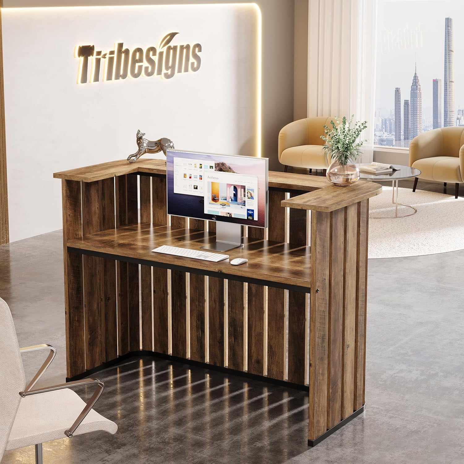 Finmind 63" U-Shaped Reception Desk with Counter, Modern Front Desk with Private Panel for Salon, Lobby, Retail Store, Office, Rustic Brown