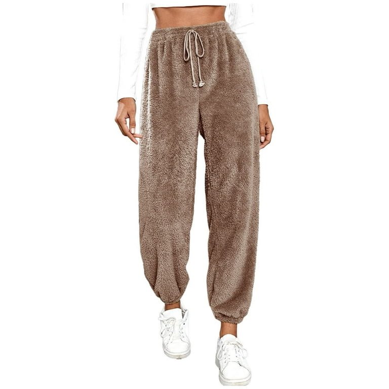 RQYYD Womens Drawstring Fuzzy Fleece Pants Plus Size Winter Warm Thicken  Jogger Athletic Sweatpants for Ladies Comfy Soft Plush Pajama Pants Coffee