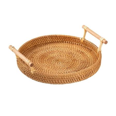 

Tomfoto Round Rattan Bread Basket Woven Serving Tray with Handles for Cracker Dinner Parties Coffee Breakfast (S/M)