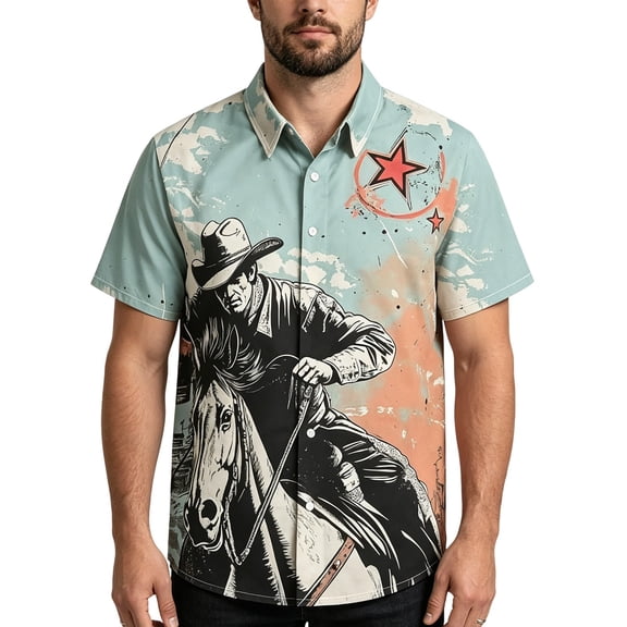 CONZONE Men's Buttons Down Shirts Short Sleeve Shirts for Men Trendy Western Cowboy Graphic Collared Soft Lightweight Summer Tops