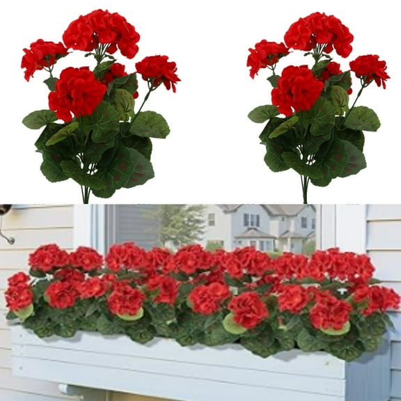 Artificial Flowers for Outdoors, 2 Pcs Red Realistic Geraniums Fake Silk Flowers for Planters Hanging Basket Window Box Front Porch Garden Home Decor Basket Porch Home Decor