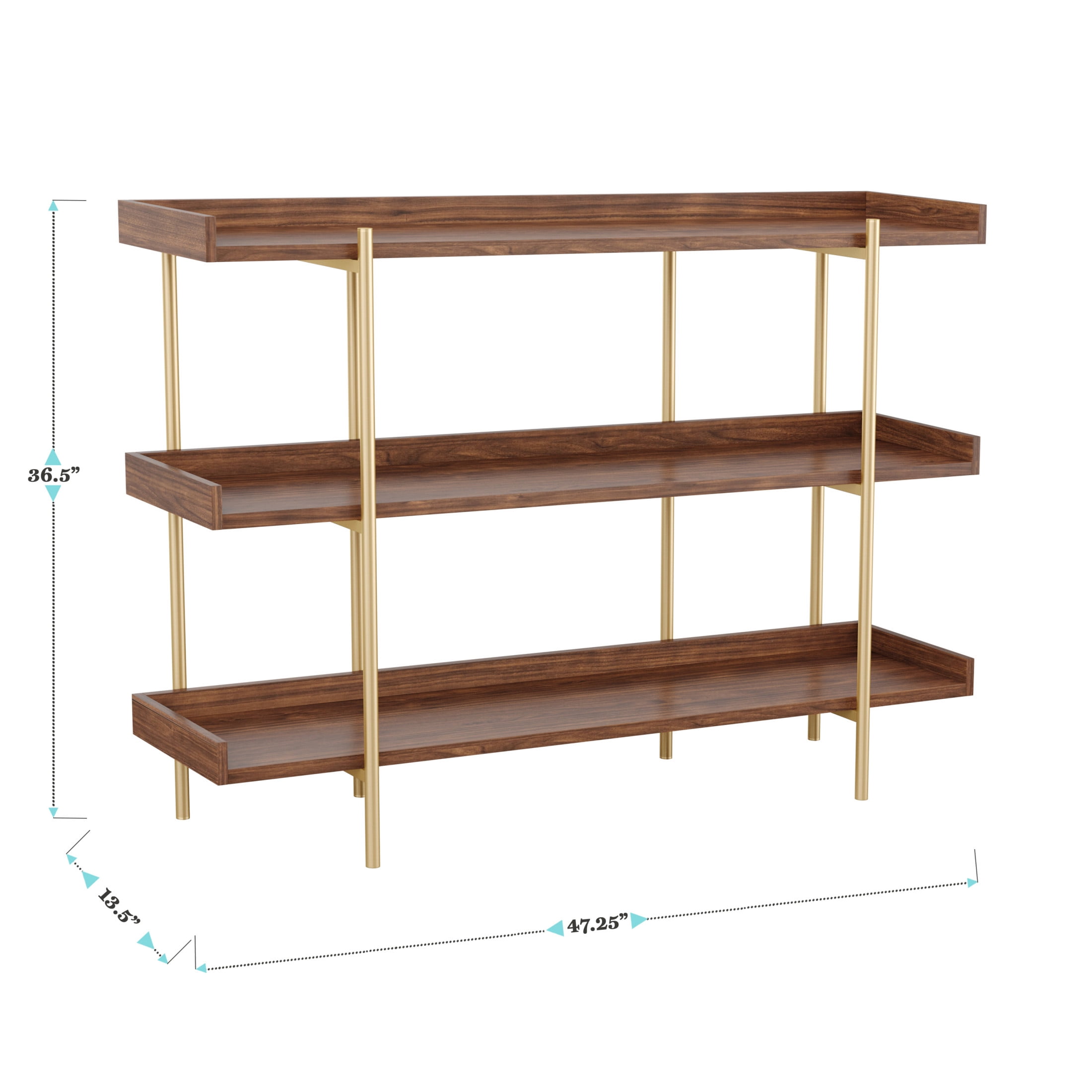 Martha Stewart Emmett 3 Shelf 35"H Storage Display Unit Bookcase with Polished Brass Metal Frame in Walnut Wood Grain Finish