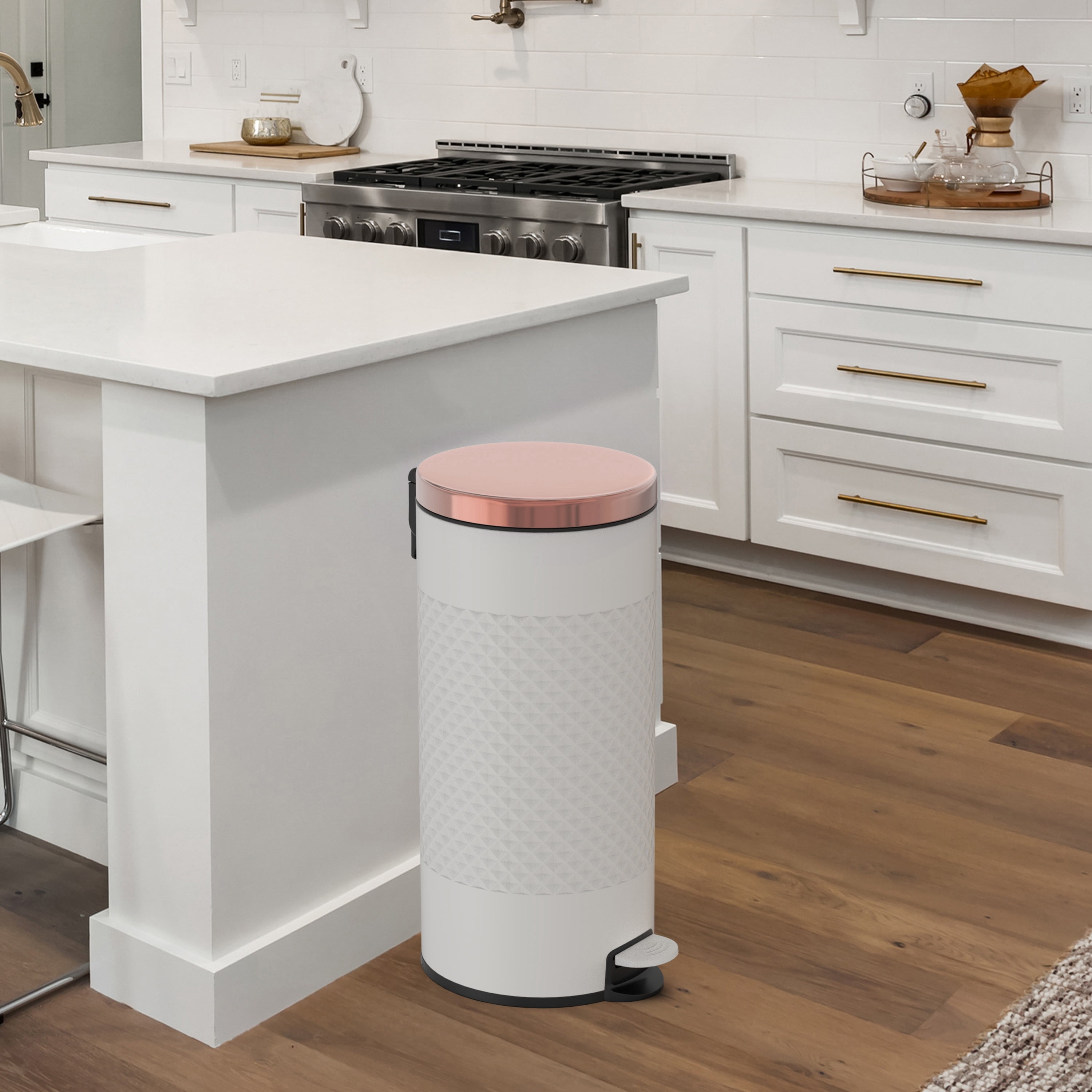 Innovaze 8 Gal. White Metal Round Shape Step-on Kitchen Trash Can with Diamond Body Design. Carbon Steel  White
