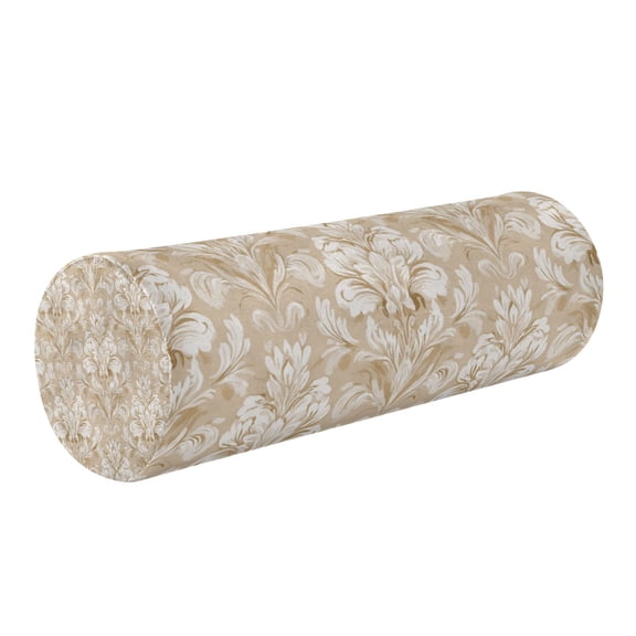 Round Cervical Pillow Cylindrical Pillow Lumbar Pillow Sofa Headrest Pillow Support For the Back, Neck and Head Beige Damask Pattern White
