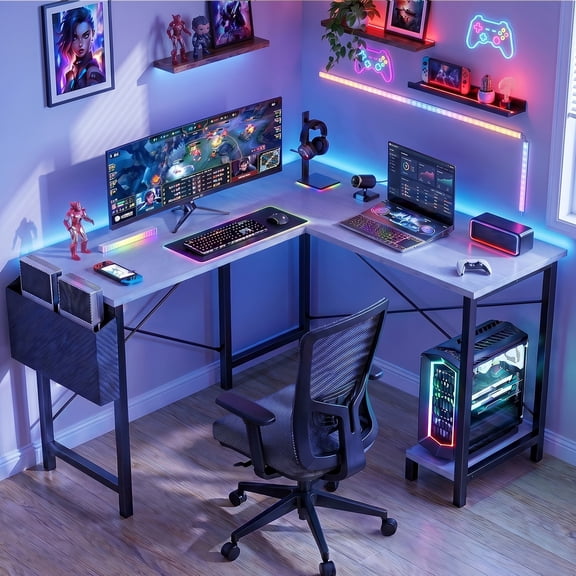 CONCETTA 49 Inch Modern L Shaped Computer Desk with Lower Storage Shelf & Side Bag, Two-Way Convertible Corner Gaming Table for Home Office, White
