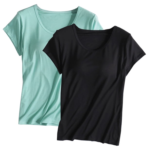 Pijama de manga corta para mujer, 2 piezas, color liso, cuello redondo, manga corta, con copa acolchada, ropa de casa, pijama de manga corta, pijama para mujer