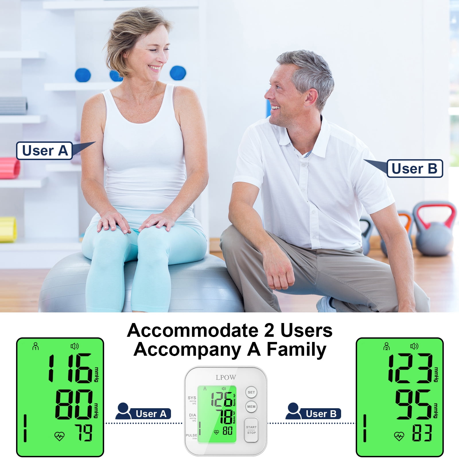 LPOW Upper Arm Blood Pressure Monitor with Speaker, 2 Users, 198 Recordings, Large Cuff, Large Display Screen