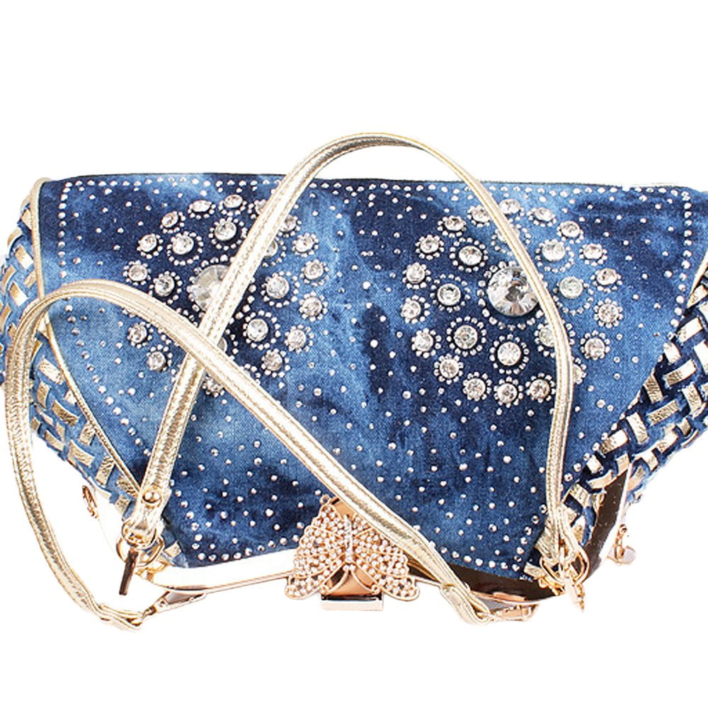 Coofit Women's Denim Purse Knitted Crossbody Bag with Shiny Rhinestone Tote Bag Handbags for Women