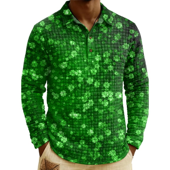 Men's St. Patrick's Day Shamrock Plaid Polo Collar Long Sleeve Pullover Top