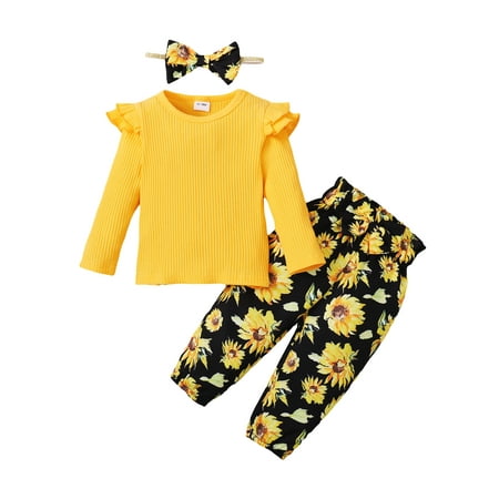 

Kucnuzki 2T Toddler Girl Fall-Winter Outfits Pants Sets 3T Long Sleeve Solid Color Cozy Sweatshirt Tops Elastic Sunflower Prints Pants 2PCS Set Yellow