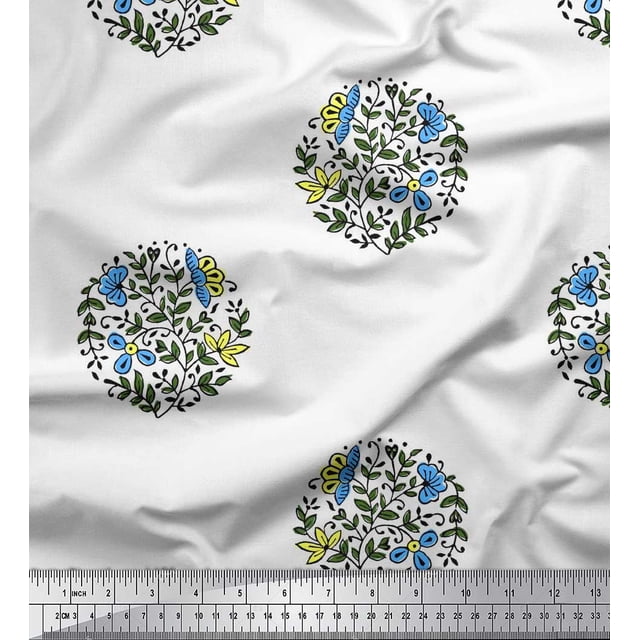 Soimoi Poly Georgette Fabric Leaves & Floral Block Print Fabric by The Yard 52 Inch Wide