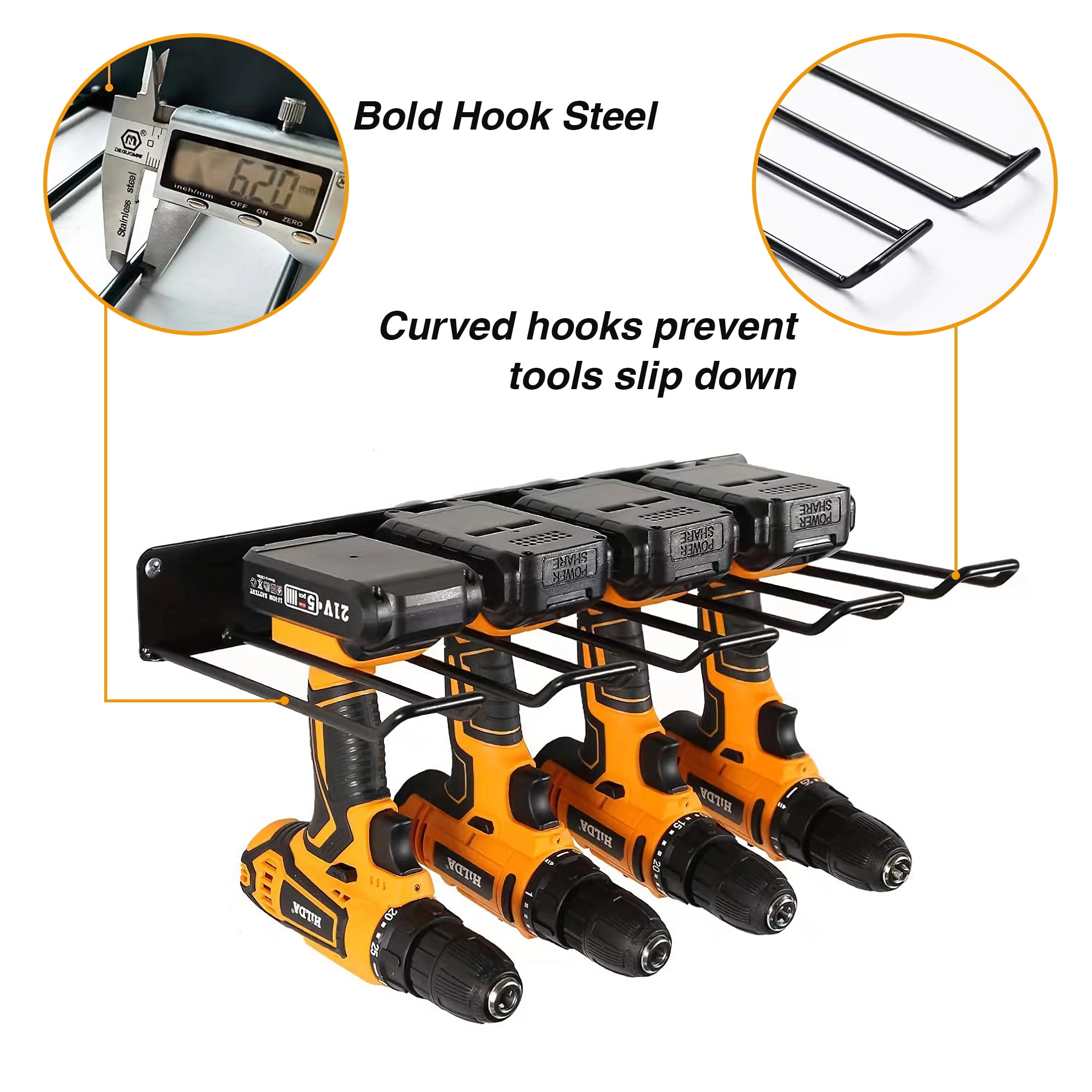 ORFELD Power Tool Organizer with Charging Station, Drill Holder, Wall Mount, Garage Storage Shelves, Heavy Duty Pegboard Wall Organizer Set, Solid Metal, Black, 2 Pack, 4 Set