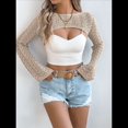 thumbnail image 4 of Tops Cortos de Crochet para Mujer, Estilo Y2K, de Larga, Cuello Redondo, Encogimiento de Hombros, con Aberturas, para Playa de Verano. Caqui XL, 4 of 10