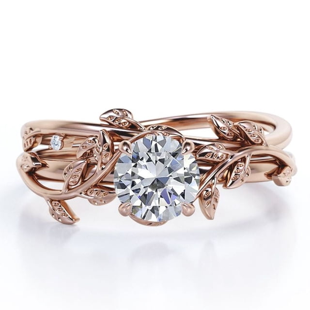 JeenMata Juego de Anillos de Boda de Diamantes Reales Redondos de Medio Quilate Juego de Anillos de Boda con Diamantes en Forma de Hoja y Enredadera: Oro Rosa de 10 K