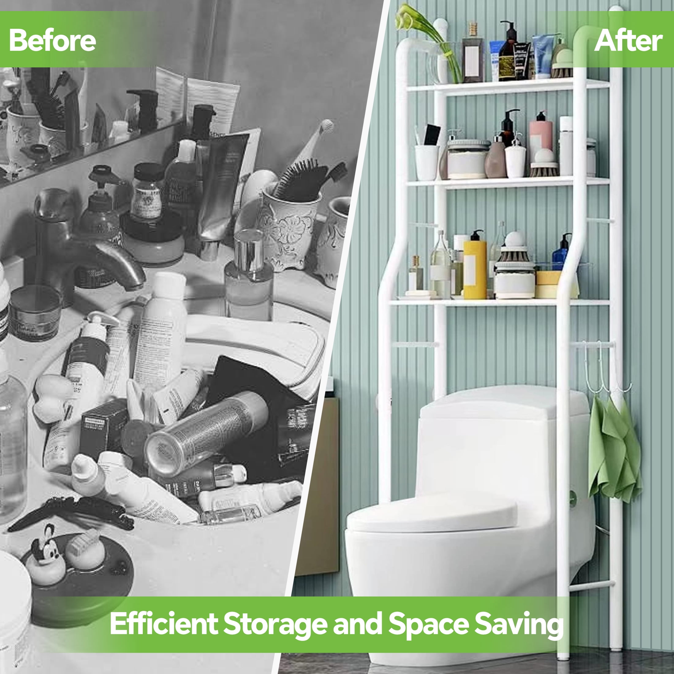 HioHa Over the Toilet Storage, 3-Tier Bathroom Organizer with Paper Holder & 3 Hooks, Sturdy & Stable Freestanding Space Saver Toilet Rack, White