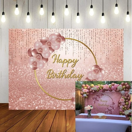 Image of 7x5FT Happy Birthday Backdrop Pink Birthday Decorations Pink Rose Gold Balloon Gold Ring Flowers Backdrops Photography 13st 20th Birthday Decorations for Girls
