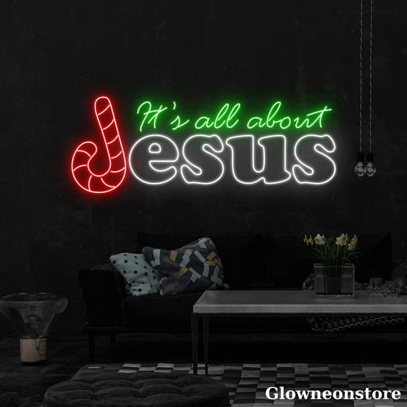 Glowneon It's All About Jesus Neon Sign, Christmas Quote LED Sign, Candy Cane Neon Light