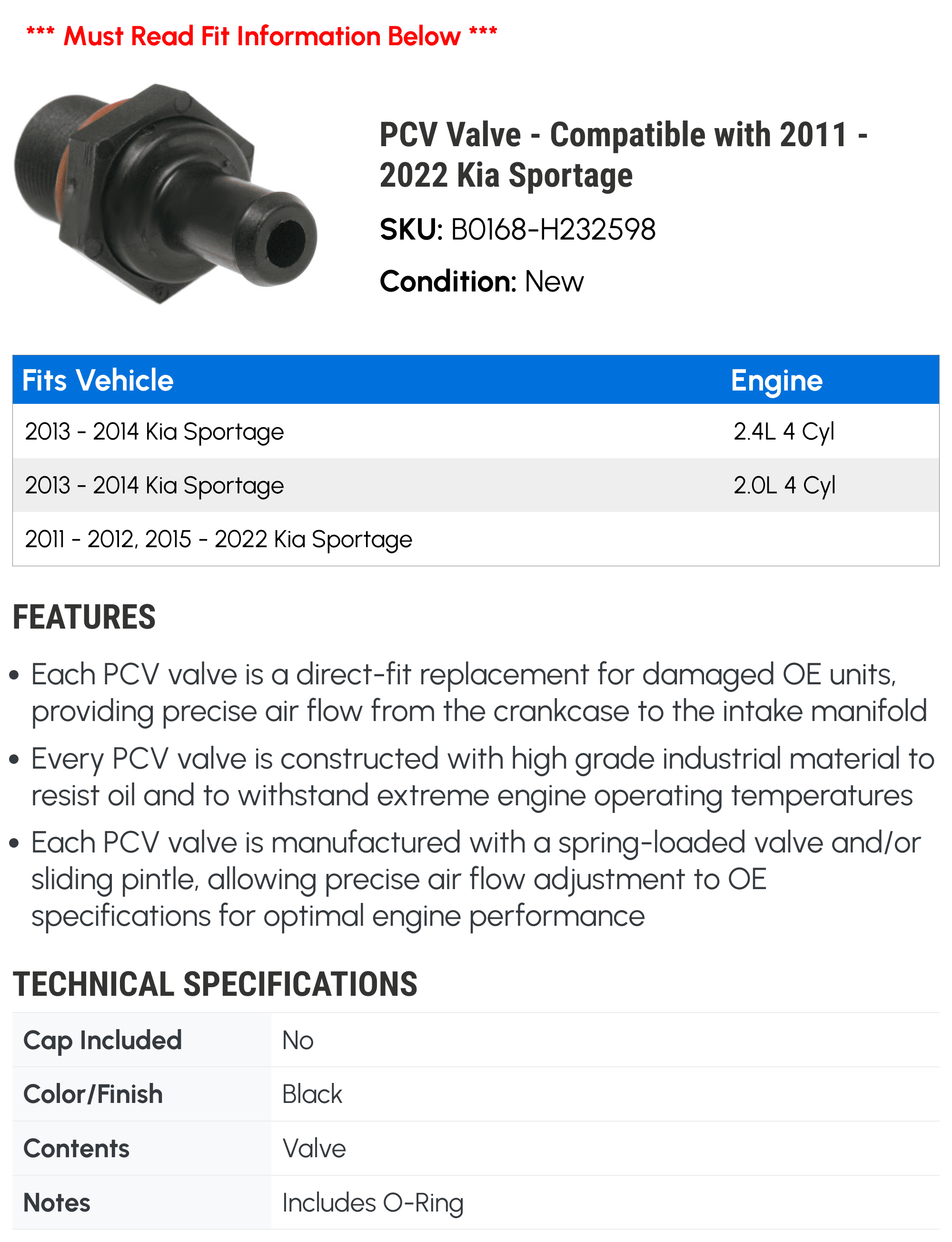 PCV Valve - Compatible with 2011 - 2022 Kia Sportage 2012 2013 2014 2015 2016 2017 2018 2019 2020 2021