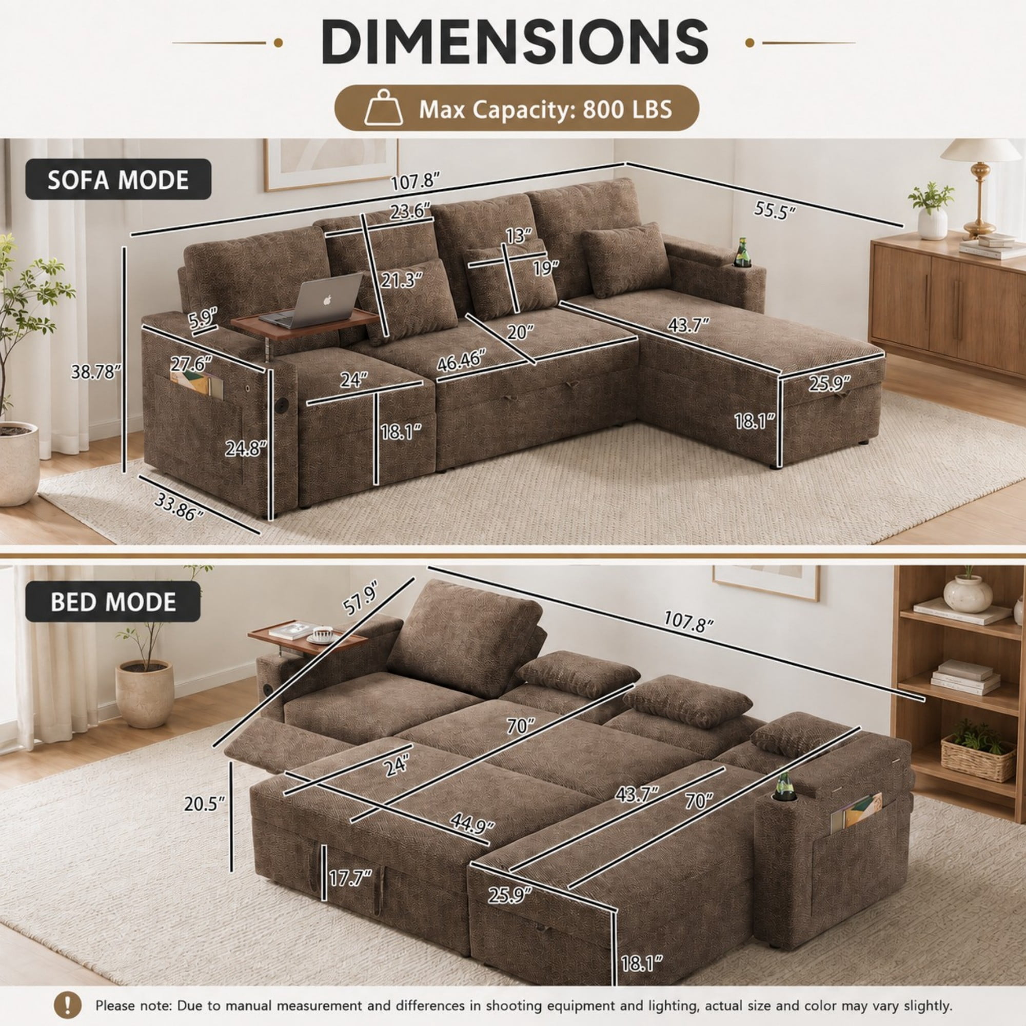 DEALTOPS 108" Chenille L-Shaped Pull Out Sleeper Sofa Bed with Recliner, Storage Chaise & USB Ports, Brown
