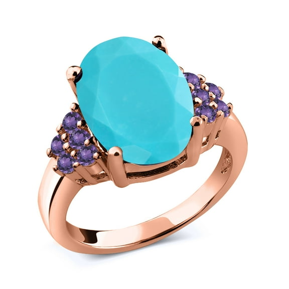 Gem Stone King 3.24 Ct Oval Green Turquoise Purple Amethyst 18K Rose Gold Plated Silver Ring (Size 5)