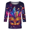 thumbnail image 5 of miqiqism Womens Tops 3/4 Sleeve Shirts Funny Mask Print Tshirt Crewneck Pullover Tee Blouses 2025 Carnival Party,01 Purple,Large, 5 of 5