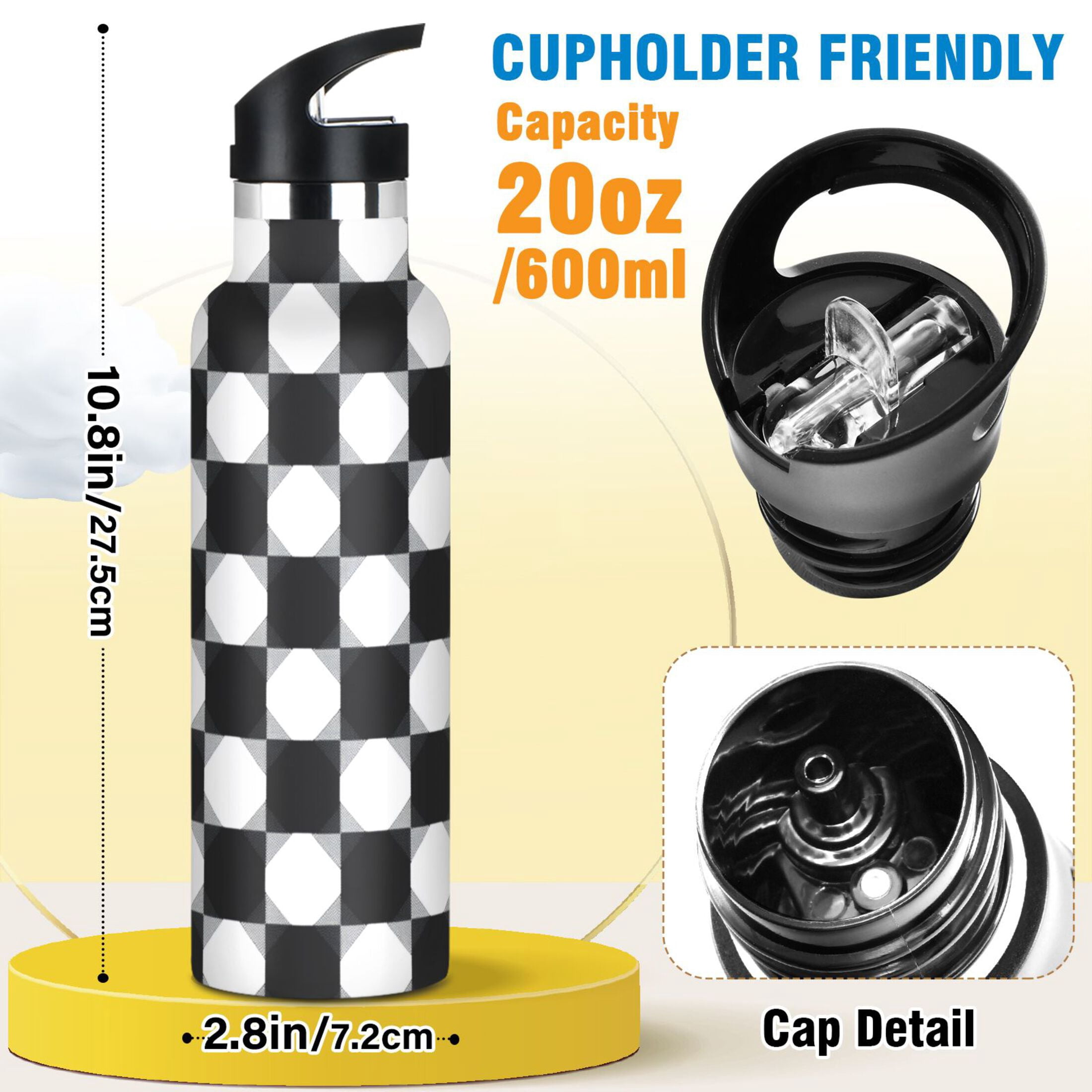 Kids Insulated Stainless Steel Sports Water Bottle 600ml (20oz), BPA-Free Black and White Gingham Pattern