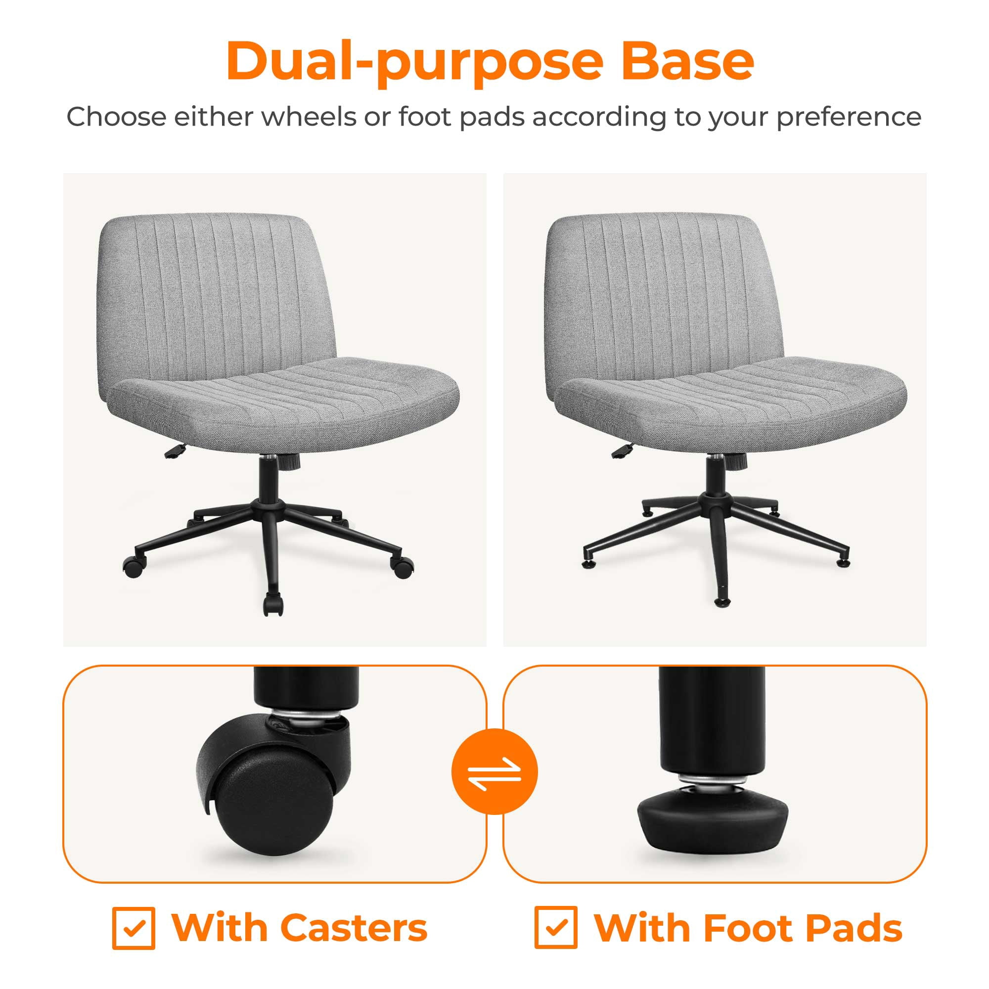 NEO CHAIR Criss Cross Chair with Wheels Armless Cross Legged Office Desk Wide Comfy Vanity Makeup Chair Adjustable Swivel Rolling Computer for Home Office Fabric (Grey Dual Base)