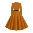 thumbnail image 6 of Women's Midi Dress Long Sleeve Crew Neck Solid Color Vintage Casual Belted Waist Dress for Spring Fall Everyday Wear,Ginger,4XL, 6 of 6