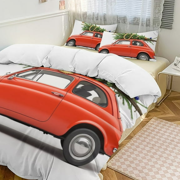 Car with Christmas Tree on Roof Duvet Cover Set Themed Multicolor Polyester Bedding Set for Bedroom Decoration