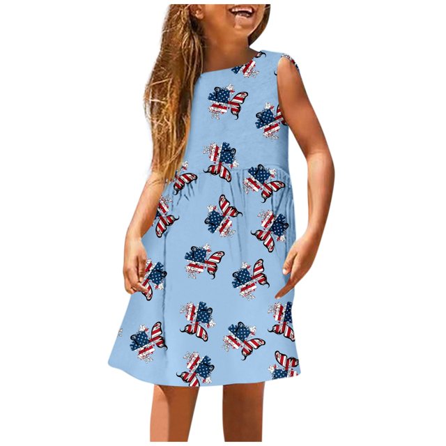 Robes de Printemps pour Filles, Robe Sans Manches pour Enfants, Imprimé Lettres Usa, 4 Juillet, Ligne A, Extensible, Décontractée, Mignonne, Robe Fille Bleu Ciel 11-12 Ans