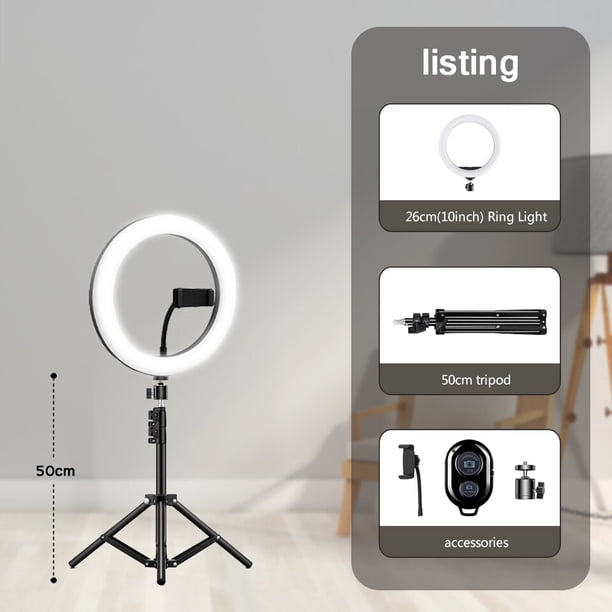 10quot; Anillo de luz LED para Selfie de 26cm, anillo de luz para fotografía y vídeo, soporte para teléfono, trípode, luz de relleno, lámpara regulable, transmisión Trepied Tan Jianjun unisex