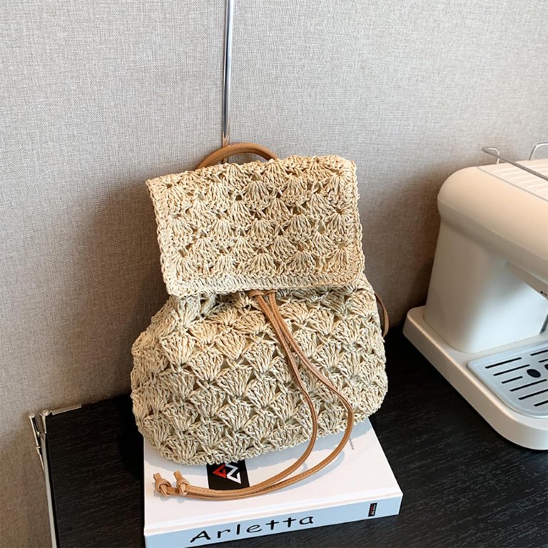 Summer Handmade Woven Crochet Straw Backpack Flap Drawstring  display picture 2