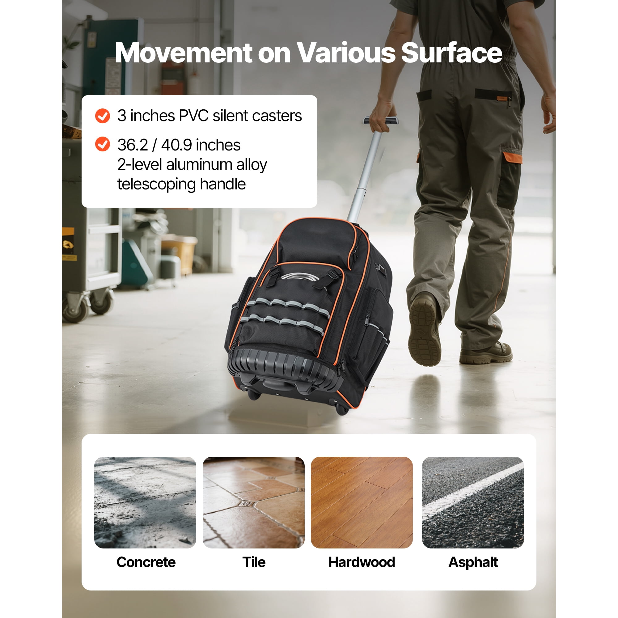 KFFKFF Rolling Tool Backpack with 110 lbs Capacity, 72 Pockets, Heavy-Duty Tool Bag on Wheels, Telescoping Handle & Sturdy Base, Organizer for Construction and Mechanics