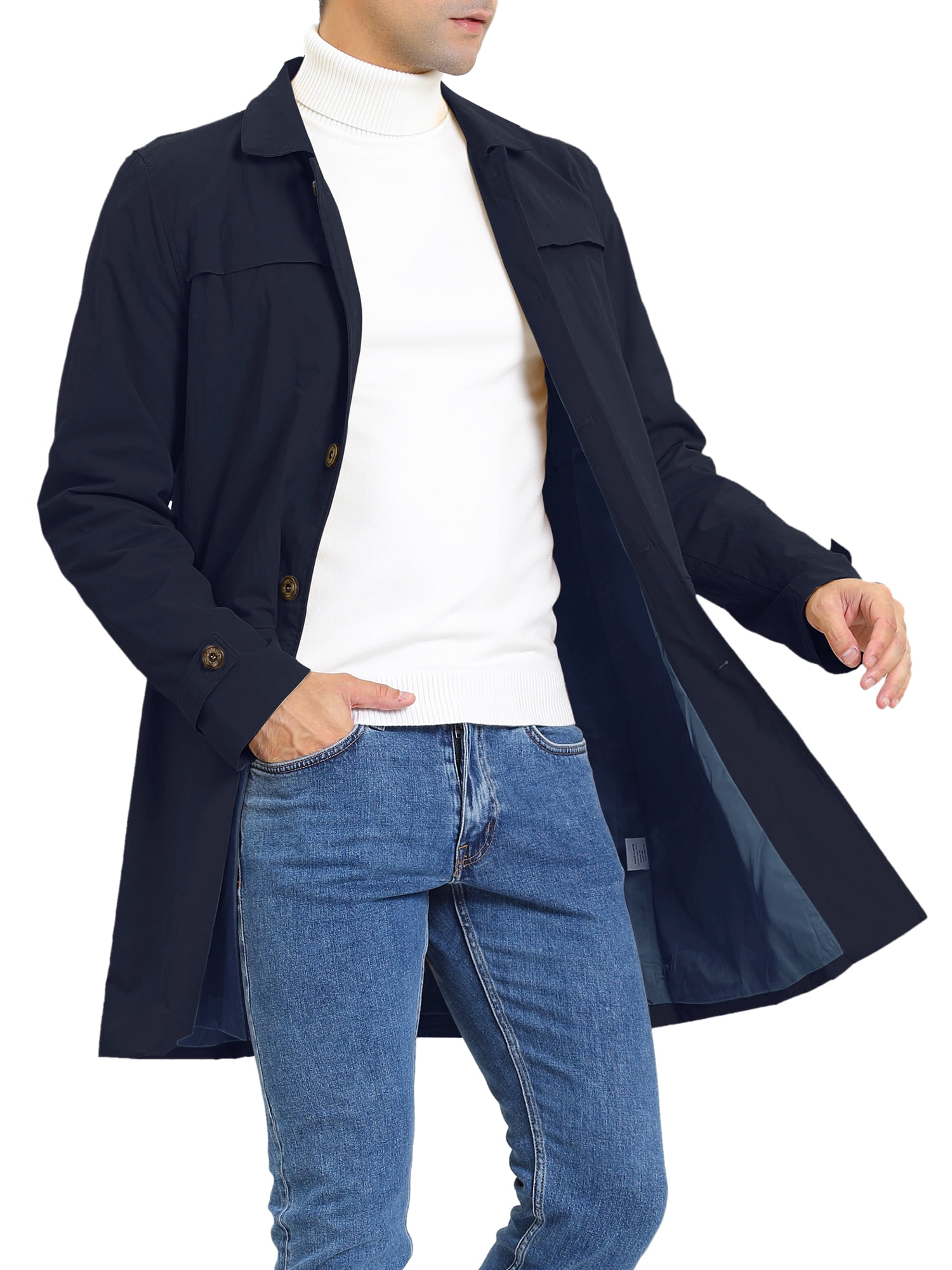 DARING DIVA Men's Trench Coat Lightweight Single Breasted Jacket Overcoat L Navy Blue