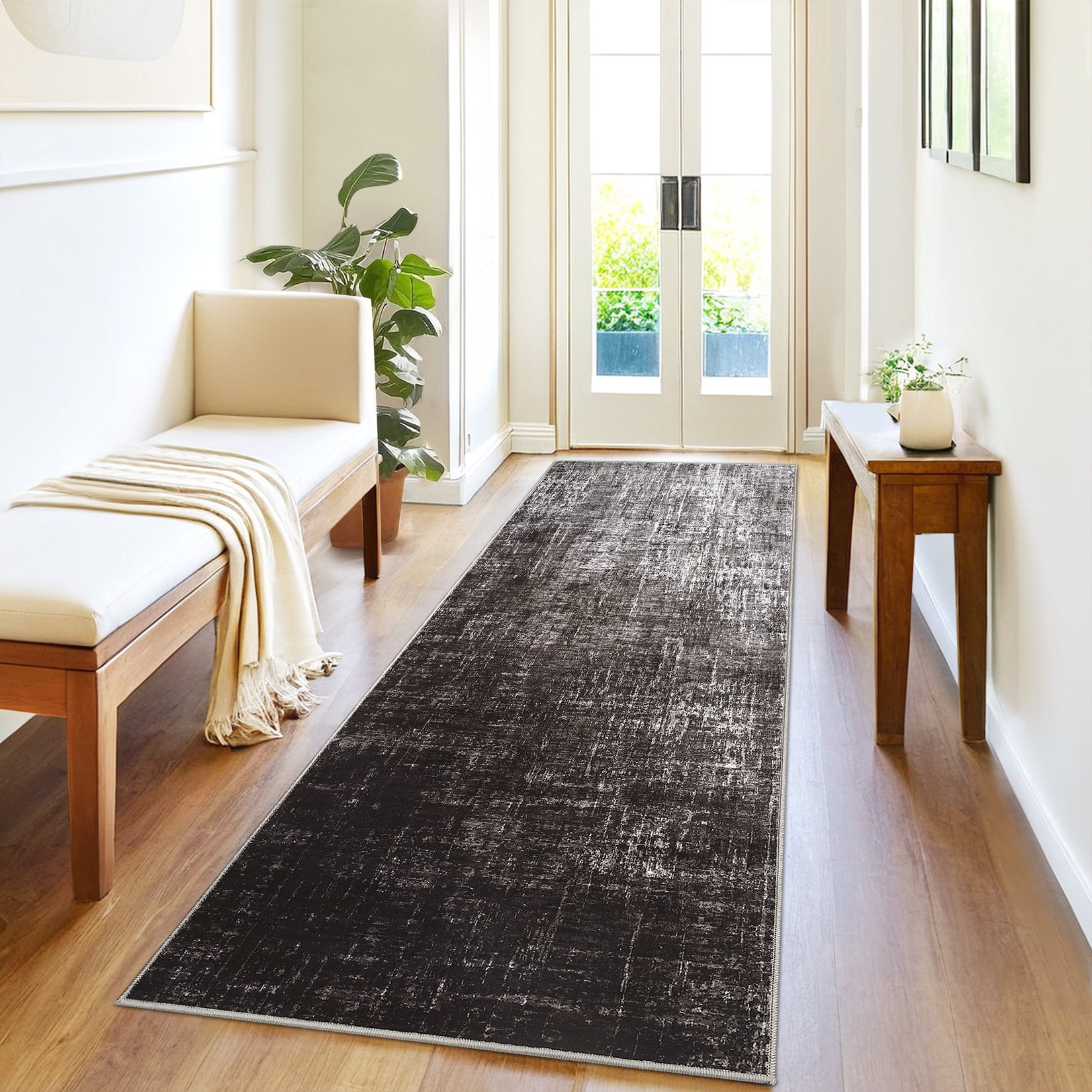 FairOnly 2'x6'Modern Abstract Gradient Color Runner Rug Machine Washable Ultra Thin Low Pile Non Slip Carpet for Hallway Laundry Bathroom,Black Grey