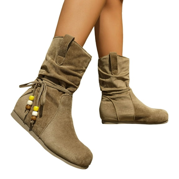 Hidden Wedge Booties for Women Suede Round Toe Falt Winter Ankle Boots Pull on Tassel Mid Calf Boots