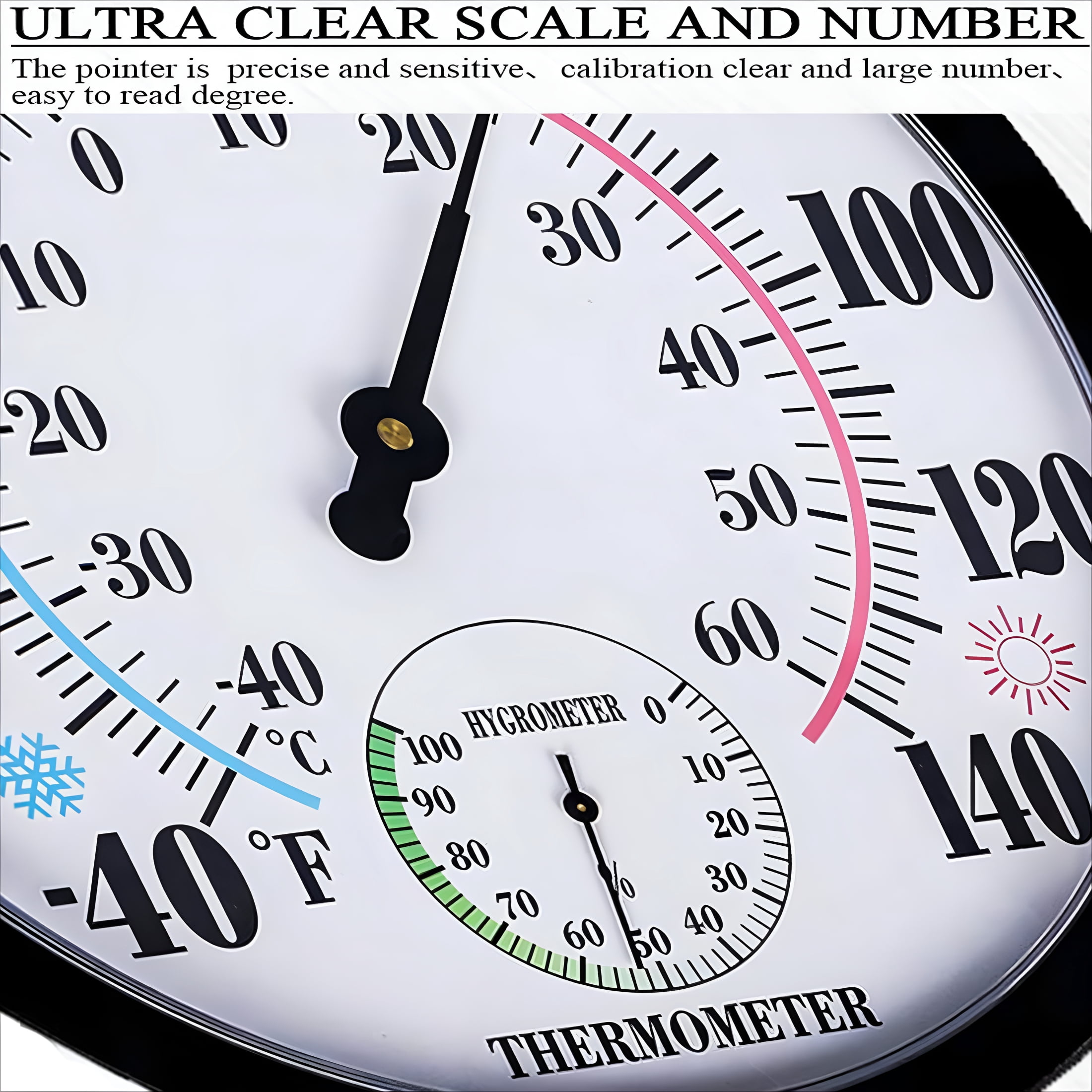 GJX Large Indoor and Outdoor Thermometer Hygrometer - 10In Waterproof Wall Mounted Thermometer, No Batteries Required (Black)