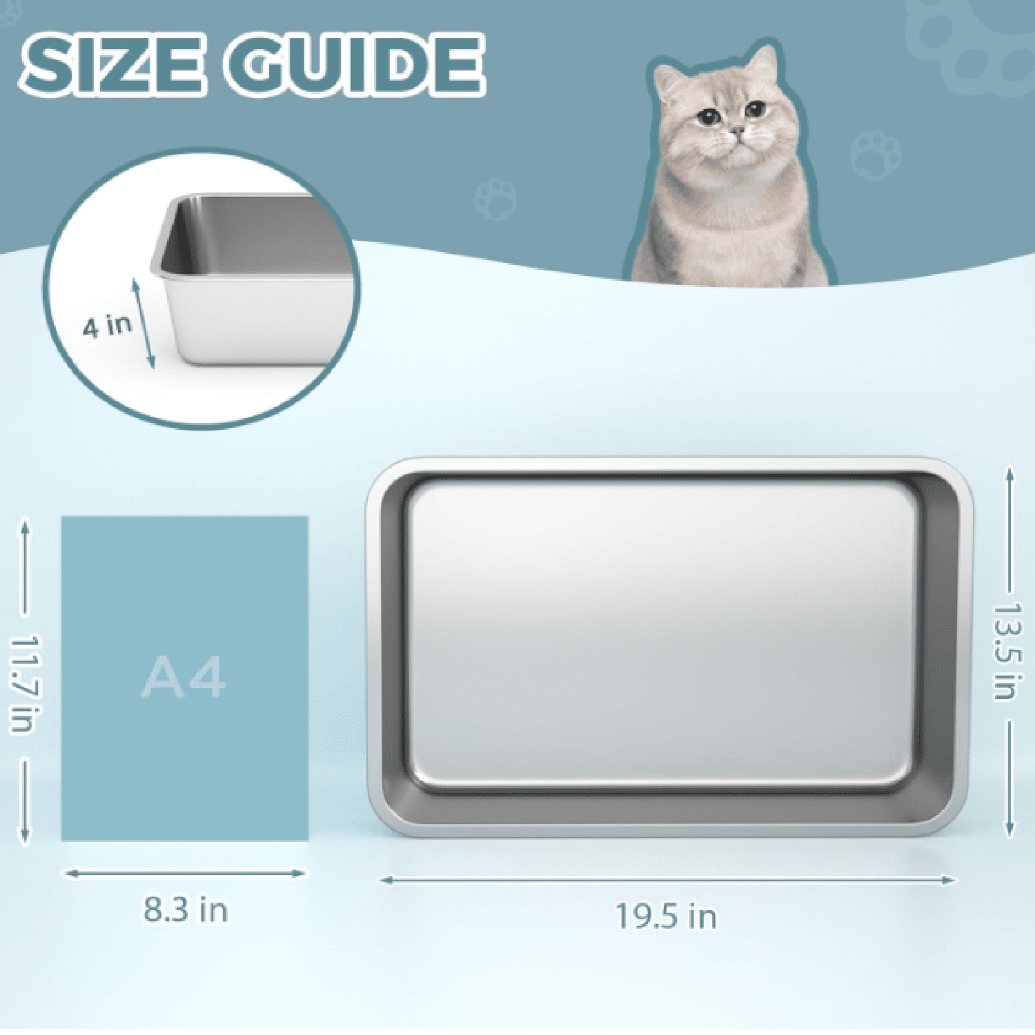 Stainless Steel Cat Litter Box, 4in Shallow Litter Box for Senior Cats and Kittens, Large Metal Litter Pan Nonstick Odor Control Anti-Corrosion